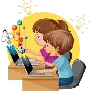 Kids using laptop with education icons illustration